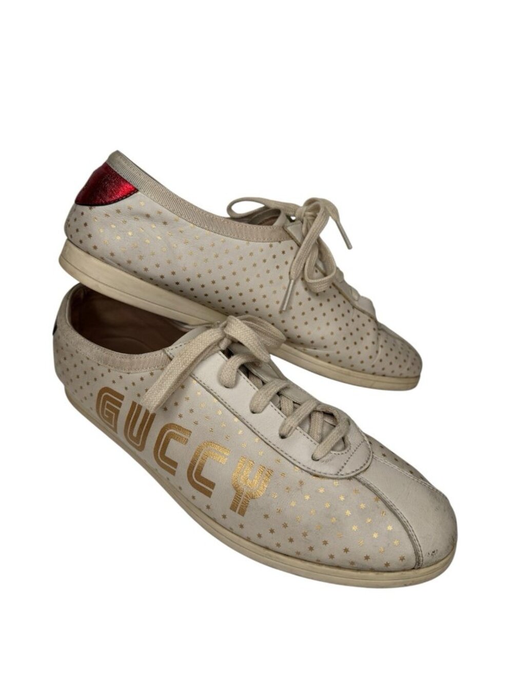 Gucci Guccy Ace Star Print Sneakers White Leather Red Bee Heel Sz 41 EU/8 US